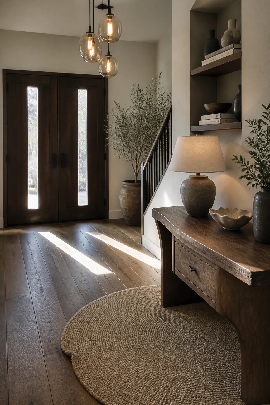 Sunlit rustic foyer with wooden doors, pendant lights, console table, and woven rug