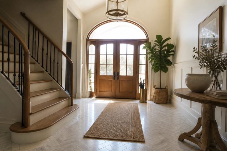 Interior view of a bright foyer with marble tile floor, a long beige runner rug, and double dark wood entry doors with glass panels beneath a large arched transom window.