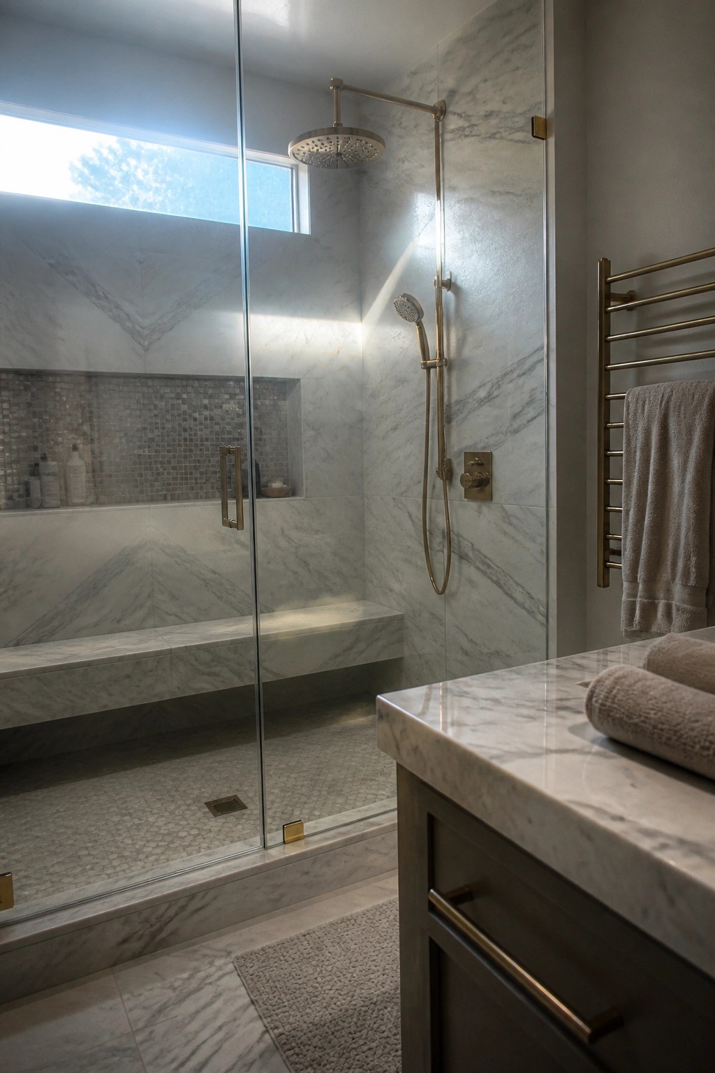 A white marble shower with a built-in bench, glass door, rainfall showerhead, handheld wand, and recessed niches.