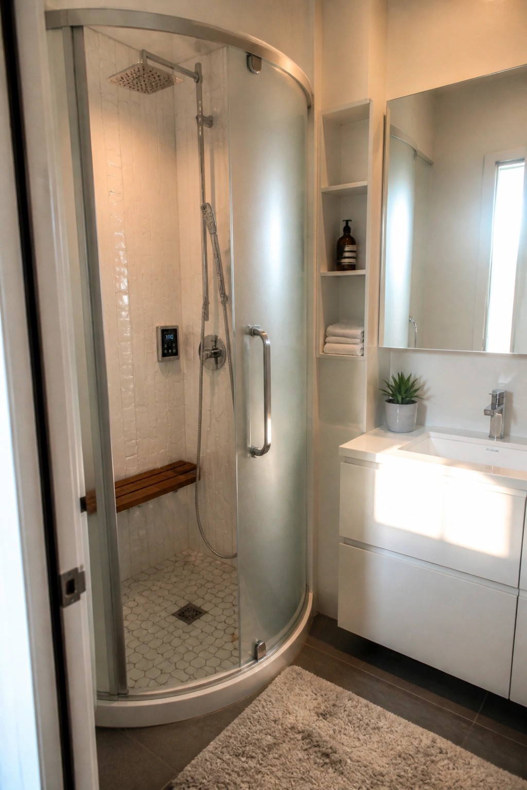 A modern bathroom with a curved glass shower enclosure containing a wooden bench, digital control panel, rain shower head, and handheld wand, positioned beside a white floating vanity with sink and large mirror.