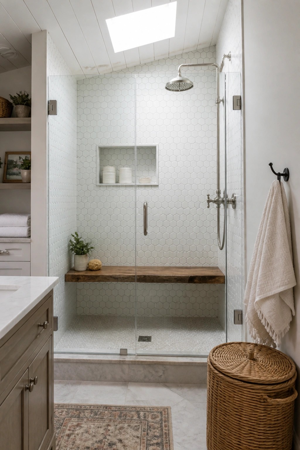 A walk-in shower with white hexagonal tiles, a wooden bench, glass doors, a built-in niche, and a skylight above.