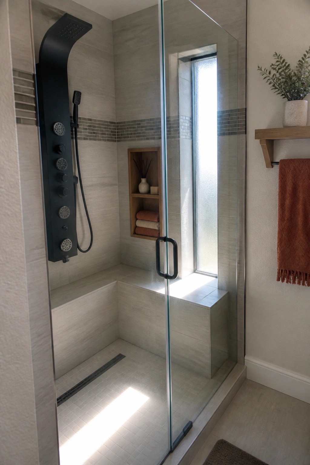 A modern tiled walk-in shower with a glass door, built-in bench, recessed wooden niche, black rainfall shower panel, and a narrow window.