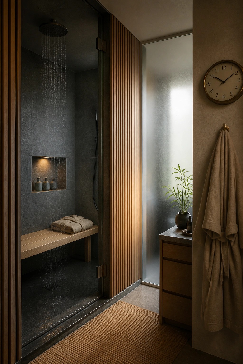 A dark tiled shower with a wooden bench, recessed niche, and glass door next to a wood cabinet and hanging robe.