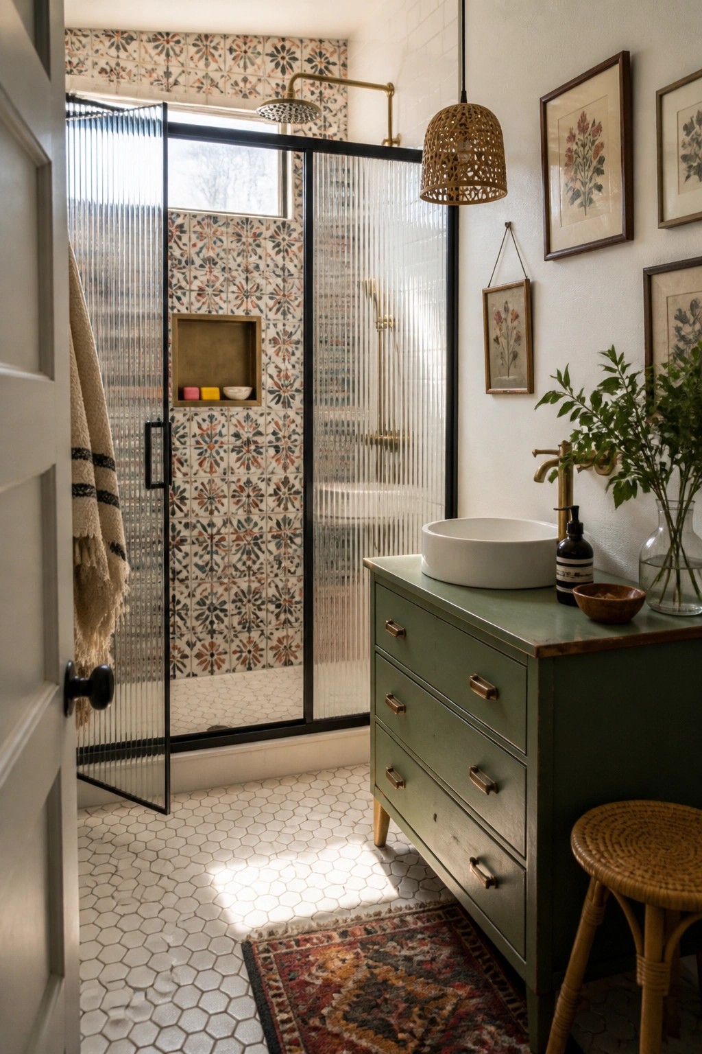 A bathroom interior showing a shower stall with black-framed fluted glass doors, colorful patterned tile inside, a green vanity with white vessel sink, and a small patterned rug on the floor.