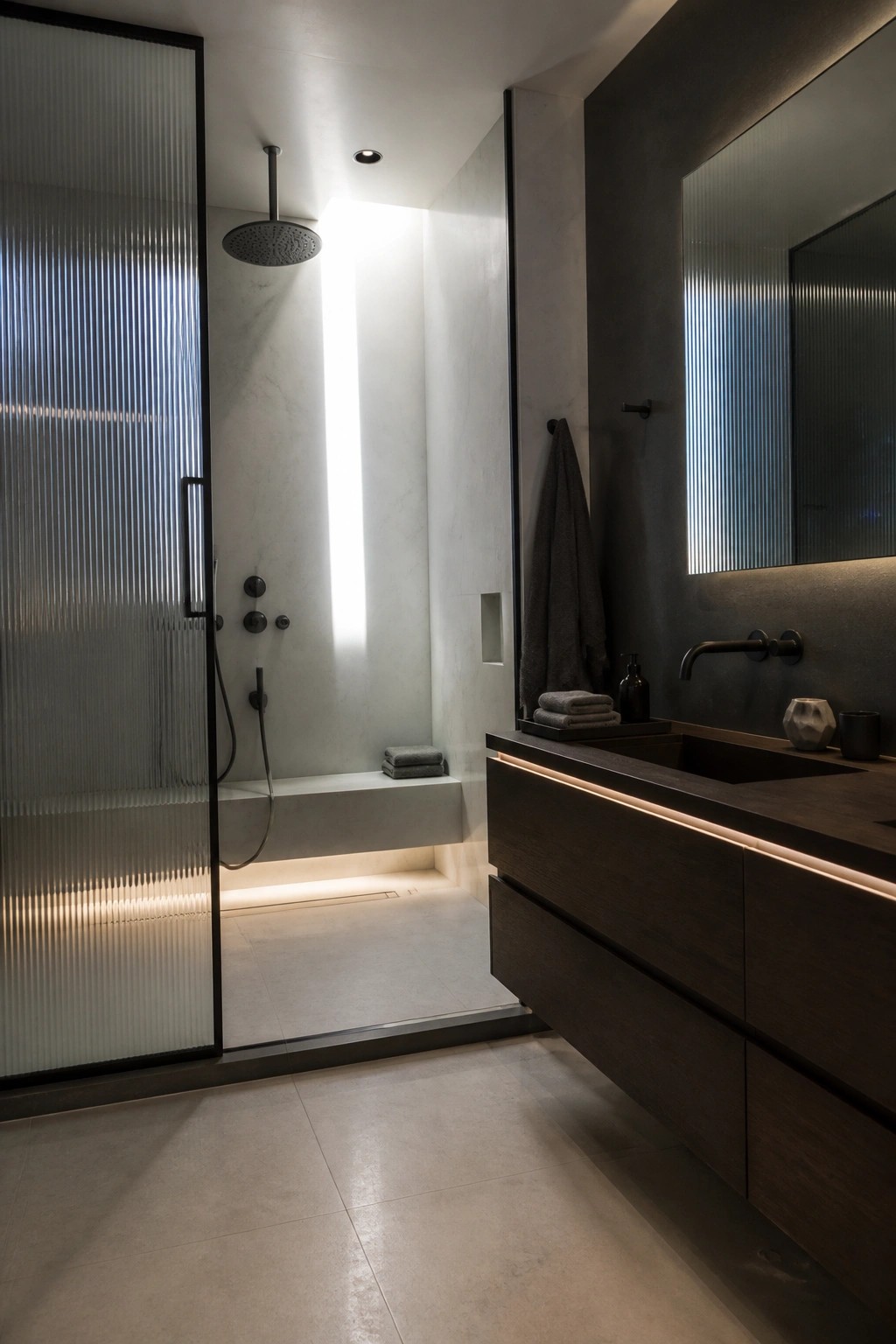 A modern bathroom with a fluted glass shower enclosure on the left, marble walls, a dark wood floating vanity with sink on the right, and a large mirror above it.