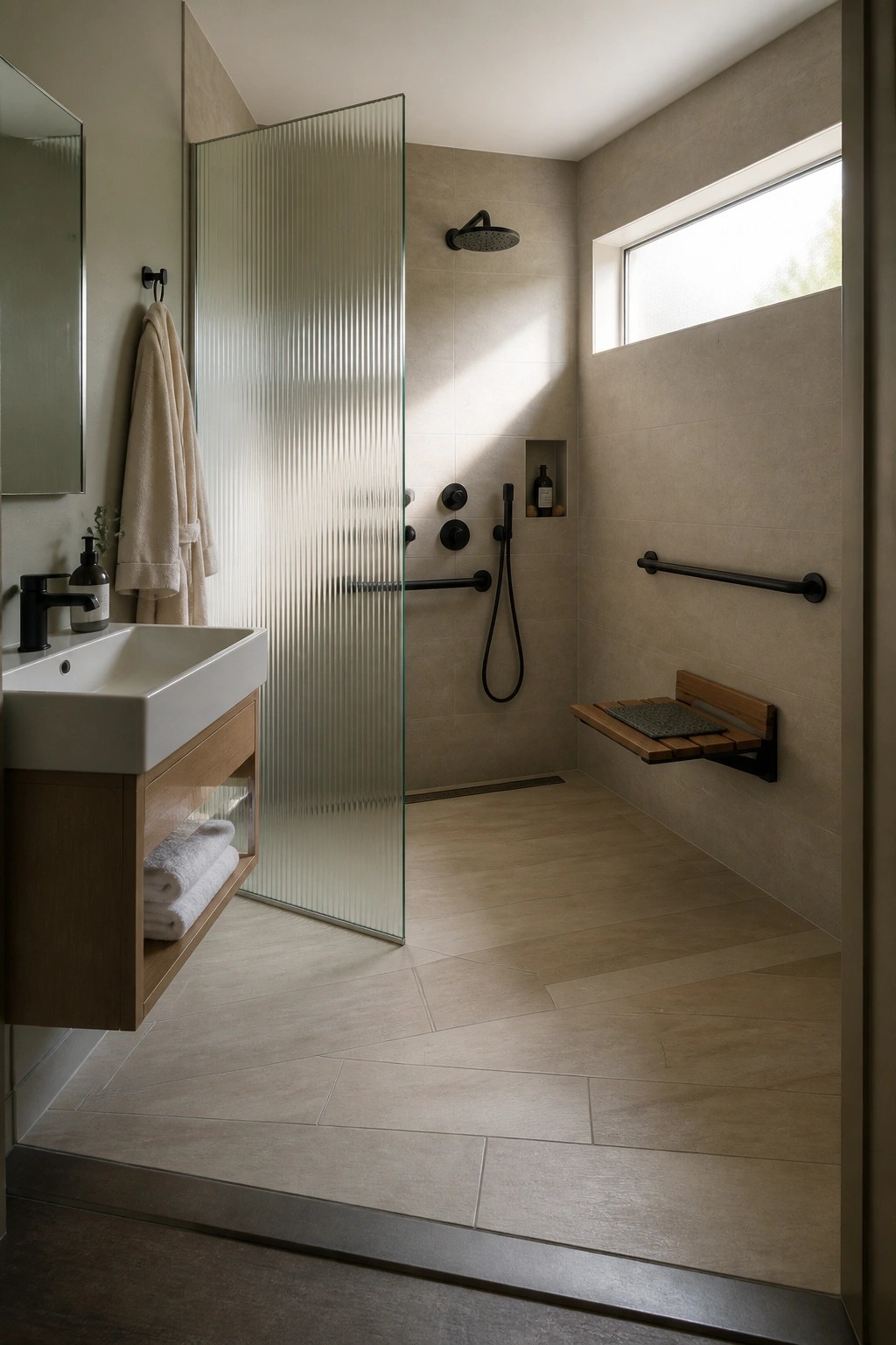 A modern bathroom interior with a fluted glass shower enclosure, beige tiled walls, black fixtures, a wooden bench, and a white floating sink vanity.