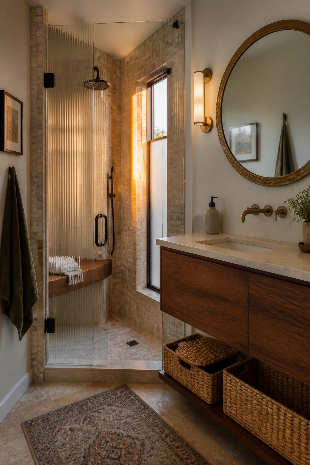 A bathroom interior featuring a walk-in shower enclosed by fluted glass panels with a dark frame, adjacent to a wood vanity with a stone countertop and round mirror.