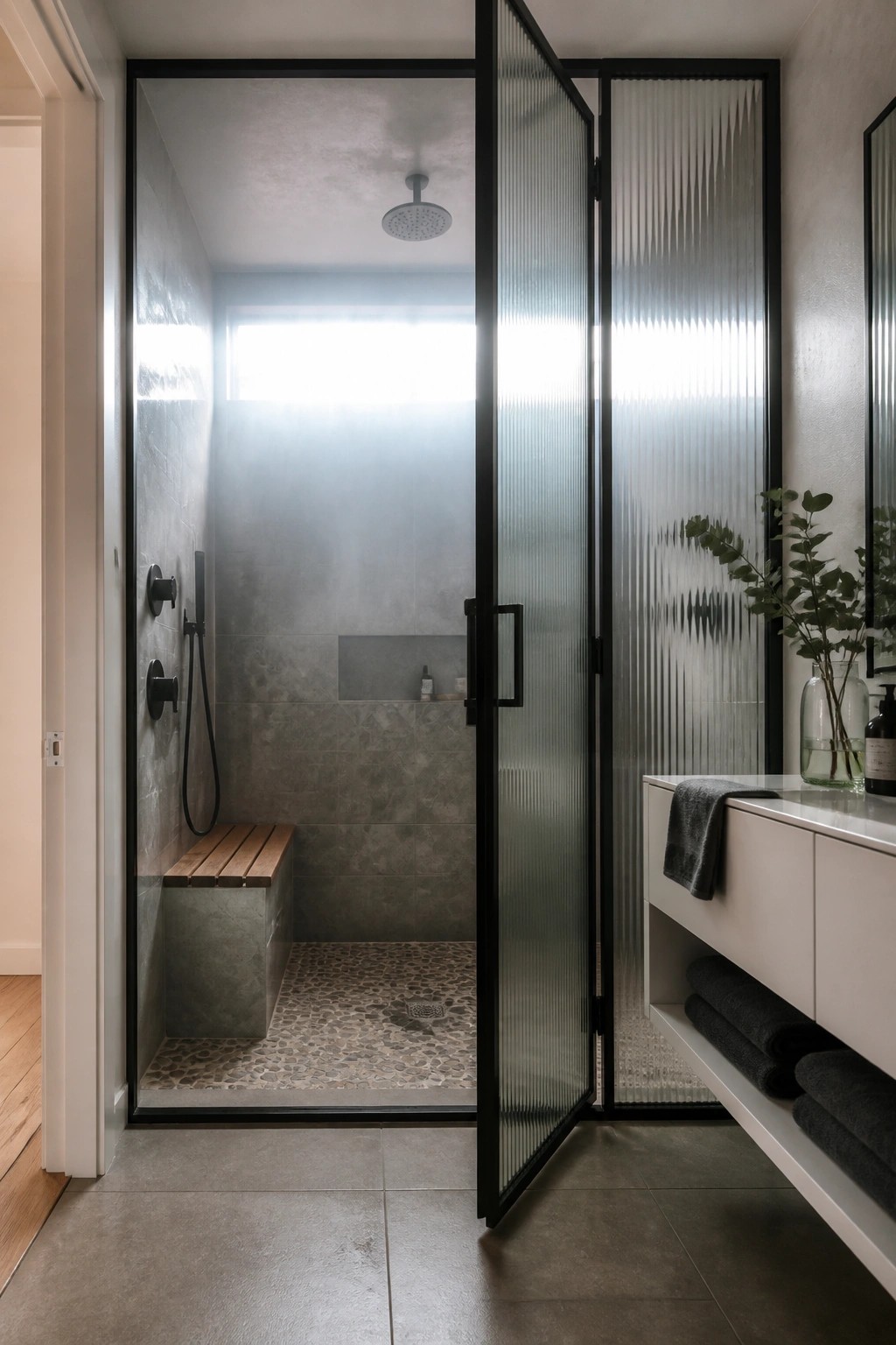 A modern bathroom with an open black-framed fluted glass shower door showing gray tiled walls, a built-in bench, pebble floor, and overhead showerhead.