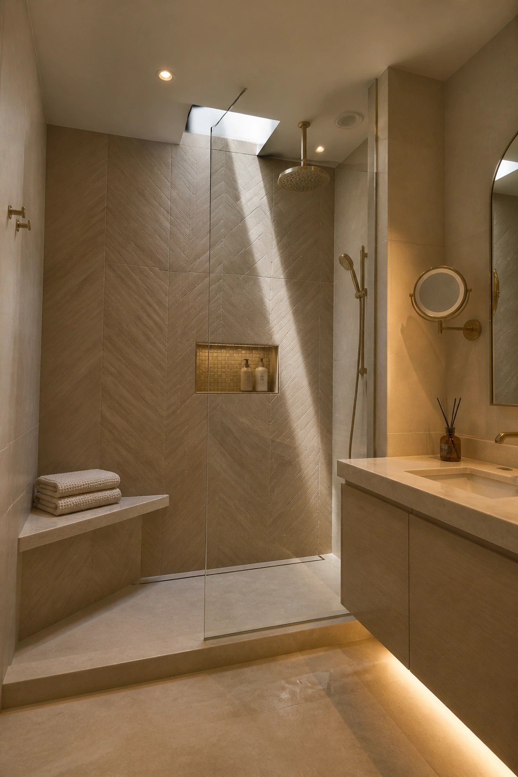 A modern bathroom shower with beige herringbone wood-look tile walls, a glass door, a recessed niche holding bottles, and a floating bench with folded towels on the left.