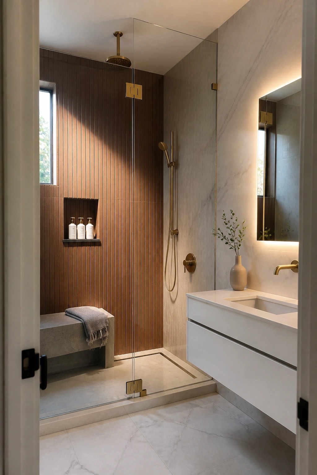 A modern bathroom interior showing a shower with vertical wood-look tiles, brass fixtures, a glass door, and a white floating vanity on the right.