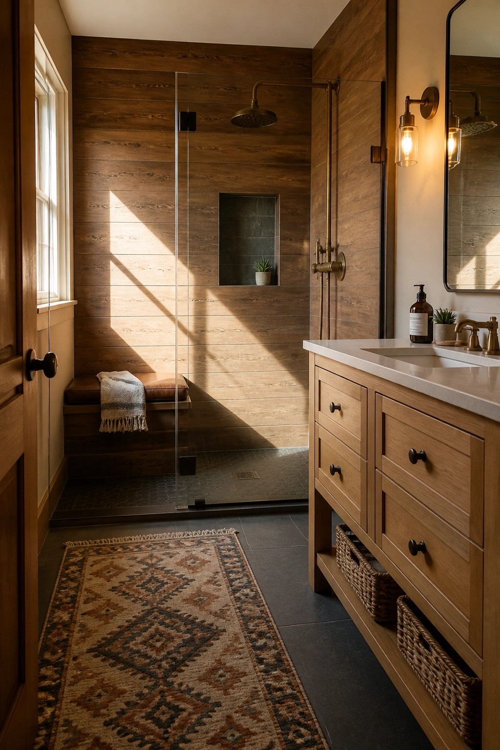 A bathroom with a glass shower enclosed by wood-look tile walls, a built-in bench, and a wooden vanity with a white countertop on the right.