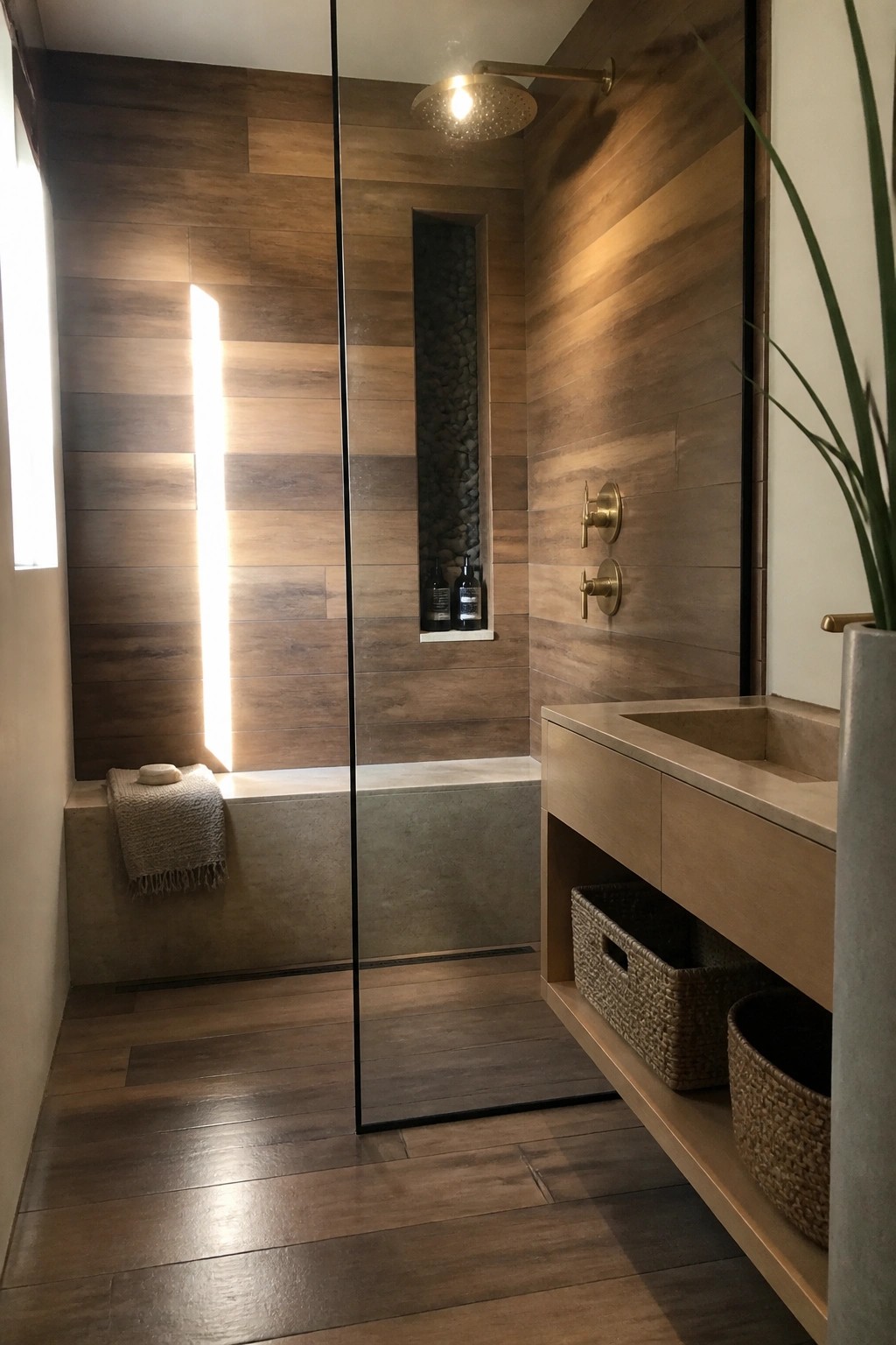A bathroom shower enclosed by glass with wood-look tile on the walls, a recessed niche, and a wooden vanity with storage baskets nearby.