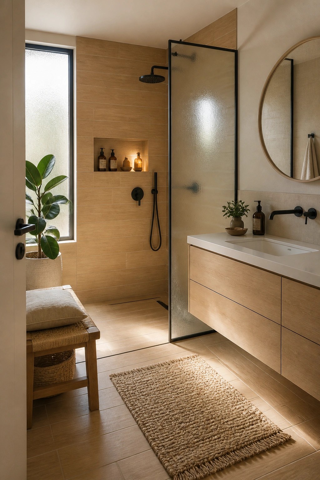 A modern bathroom featuring wood-look tile on the shower walls and floor, a glass shower enclosure, a built-in niche with bottles, a wooden vanity with white countertop, and a woven rug.