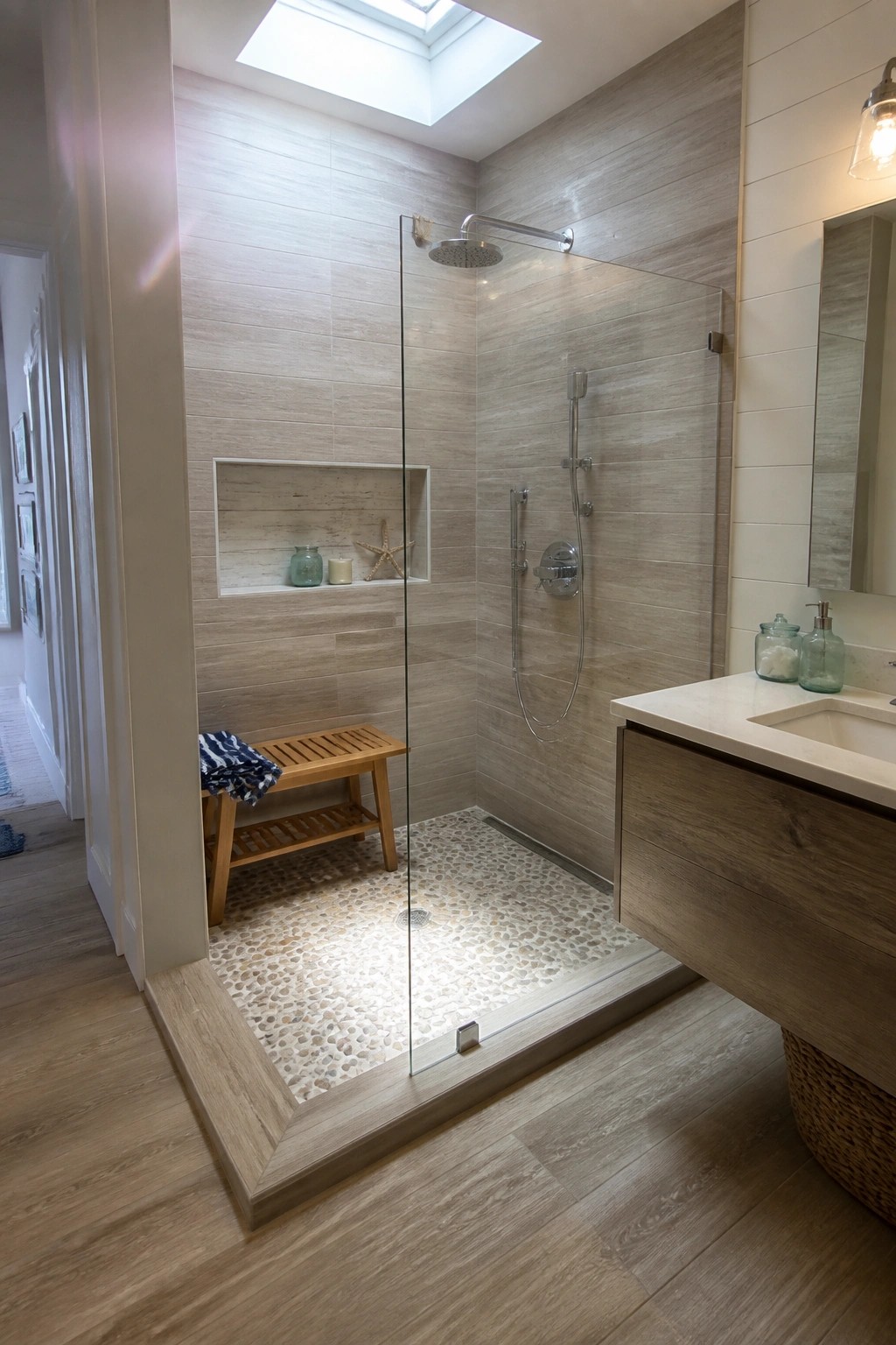 A bathroom shower enclosed in glass with light wood-look tile walls, a pebble mosaic floor, and a wooden bench.