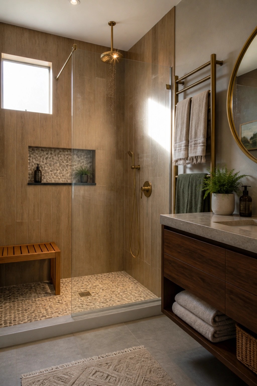 A bathroom shower enclosed in glass with wood-look tile on the walls and floor, brass shower fixtures, a pebble tile niche, and a wooden bench.
