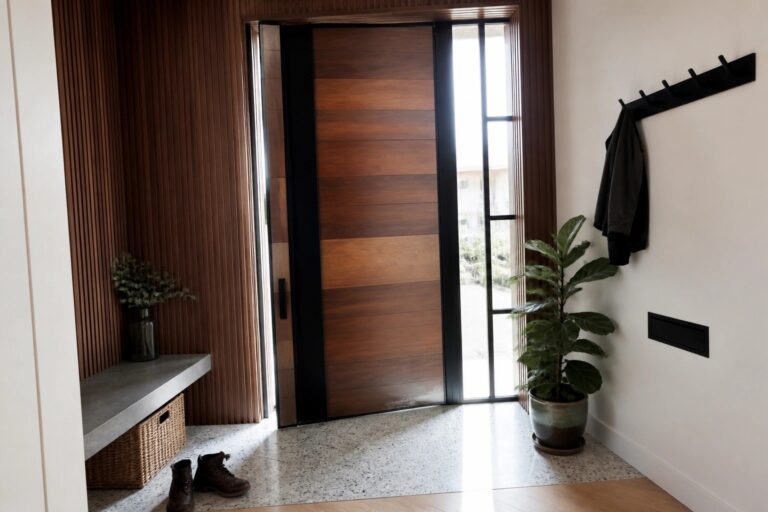 22 Designer Pivot Door Ideas Built Around Mixed Wood and Metal Modern wooden door ajar in minimalist foyer with plant, bench, and boots.