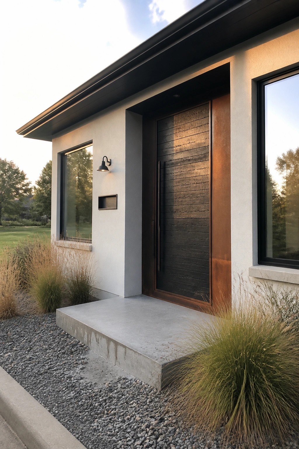 A modern house front entrance with a dark wood pivot door featuring horizontal slats and a rusted metal side panel, set in light stucco walls beside a window and concrete step.