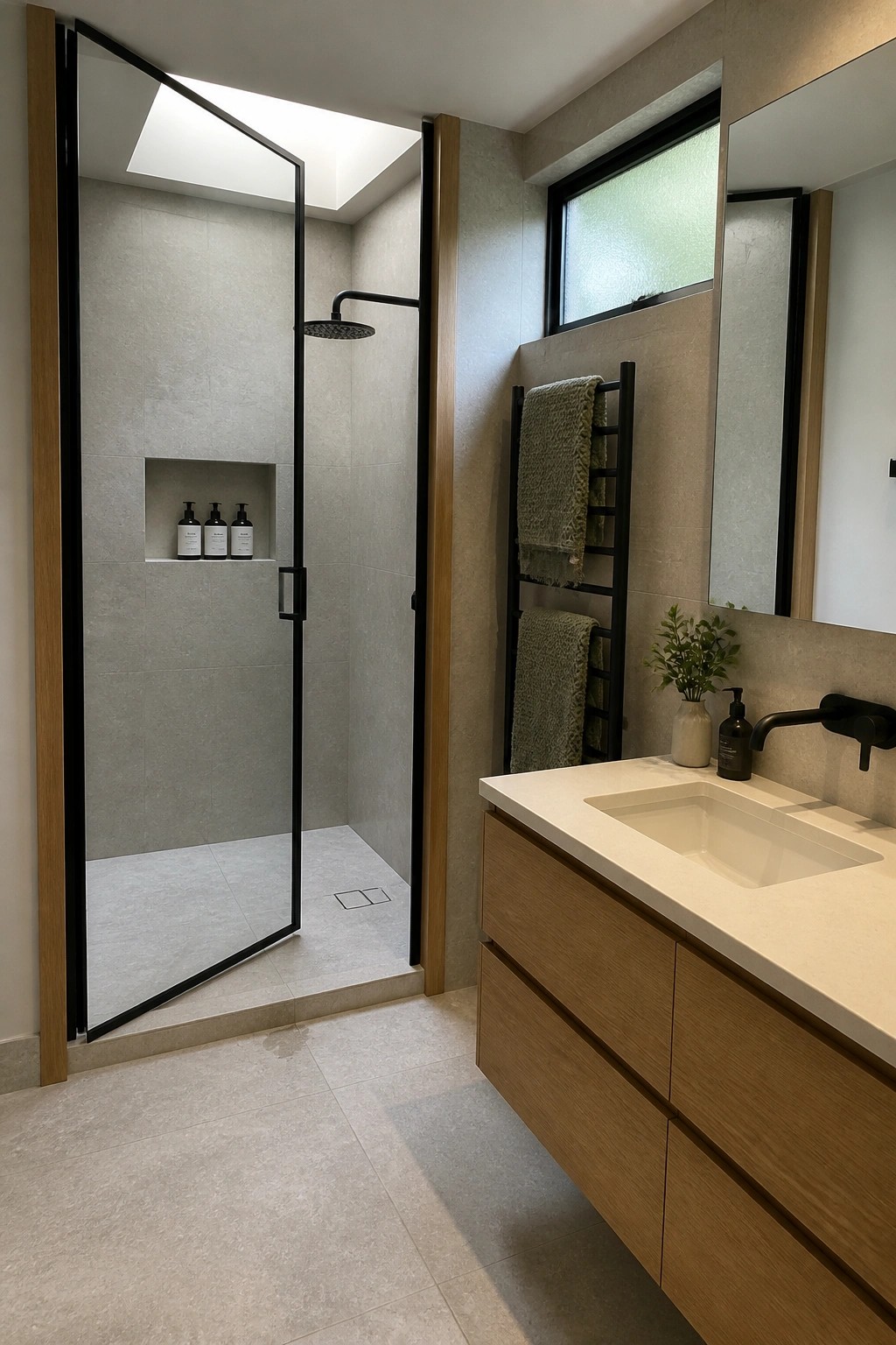 A bathroom interior showing an open glass pivot door on a tiled shower enclosure next to a wooden vanity with black metal fixtures and a towel ladder.