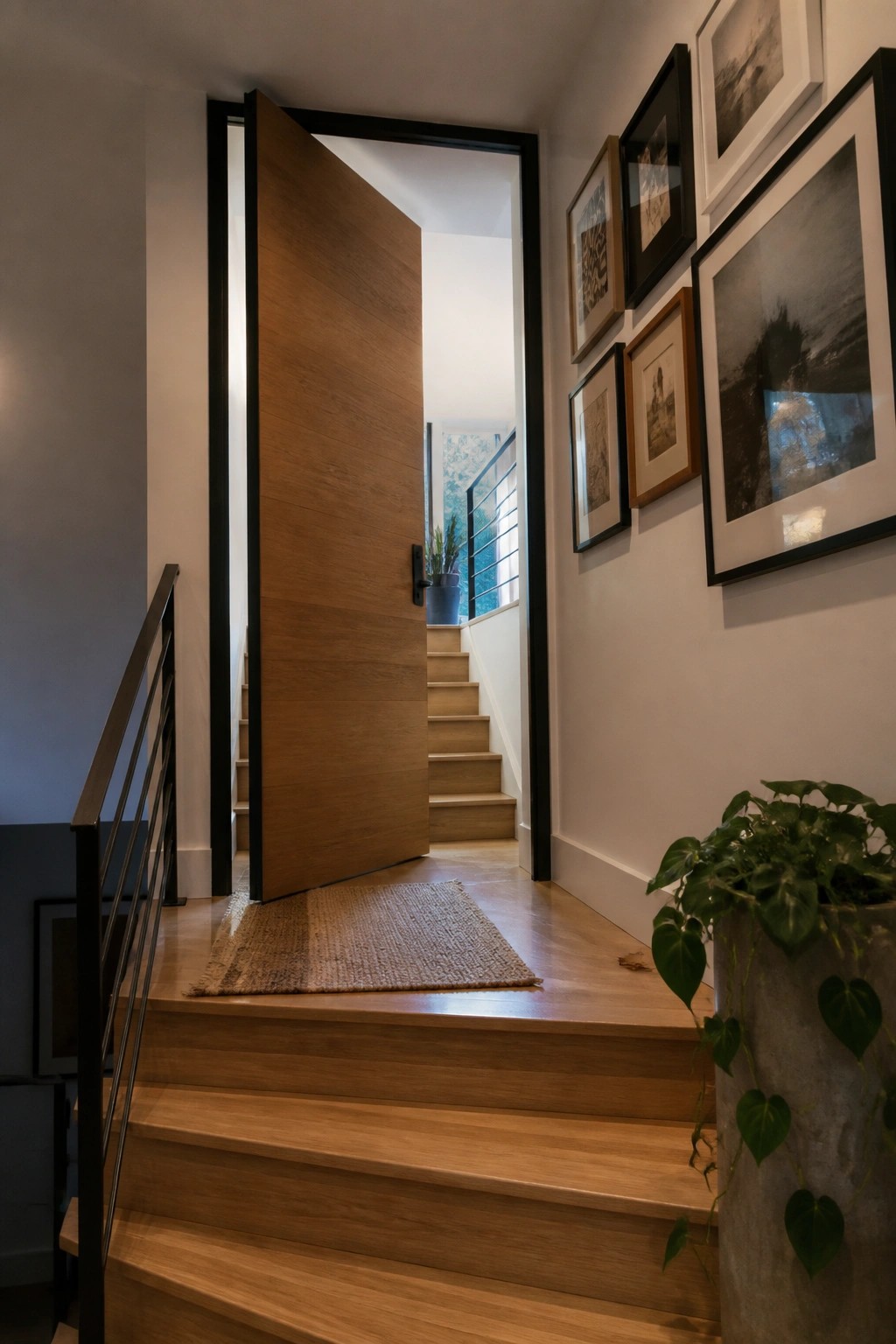 A light wood pivot door with a black metal frame stands open beside a wooden staircase, with a gallery wall of framed photos on the right.