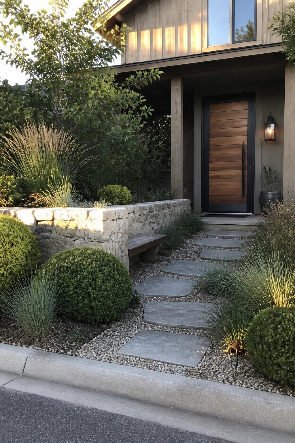 A modern house front entrance featuring a wooden pivot door with a black metal frame, a low stone retaining wall, and a path of stepping stones set in gravel.