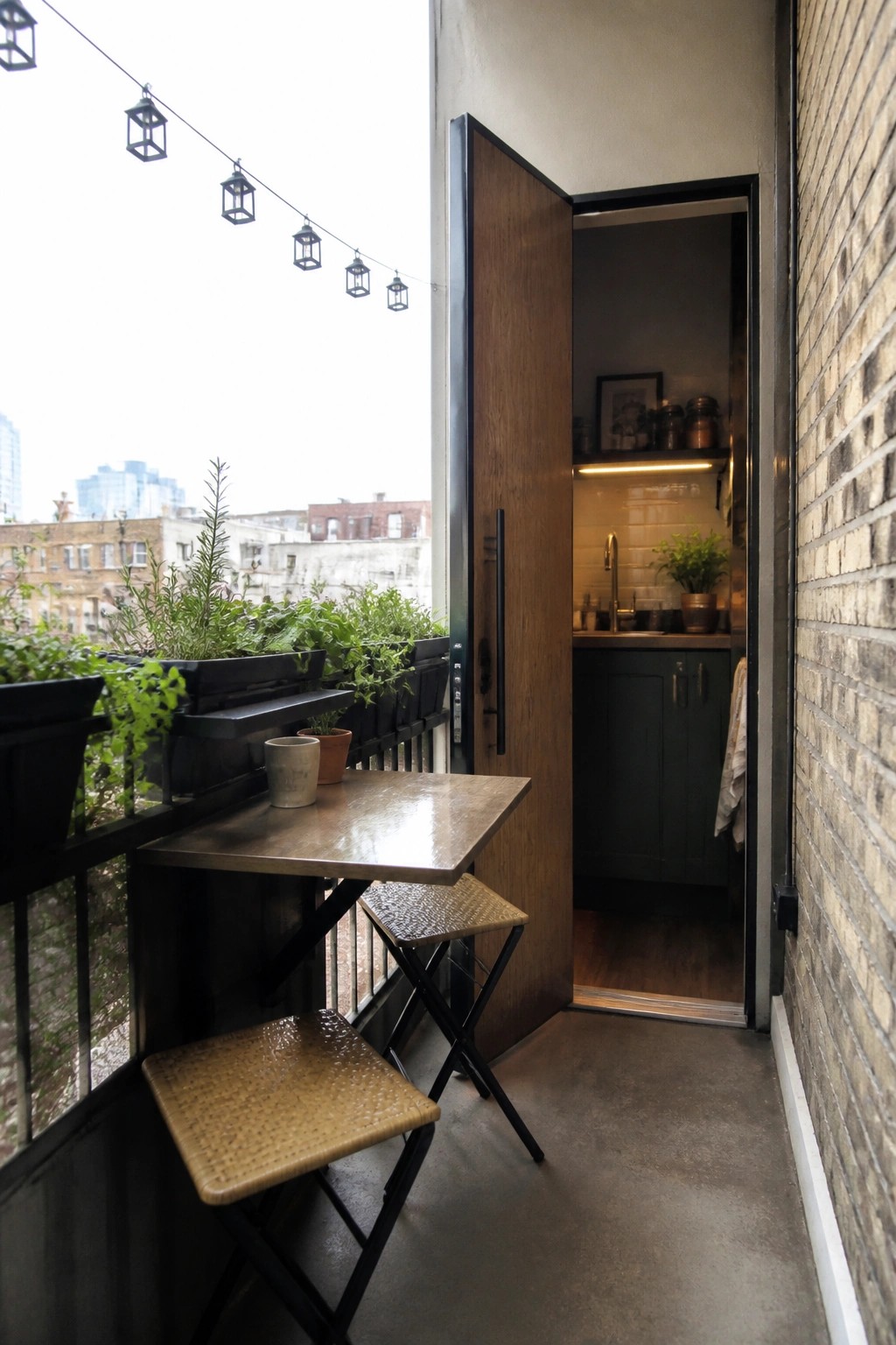 Balcony with stone table, woven stools, and open door to green kitchen.