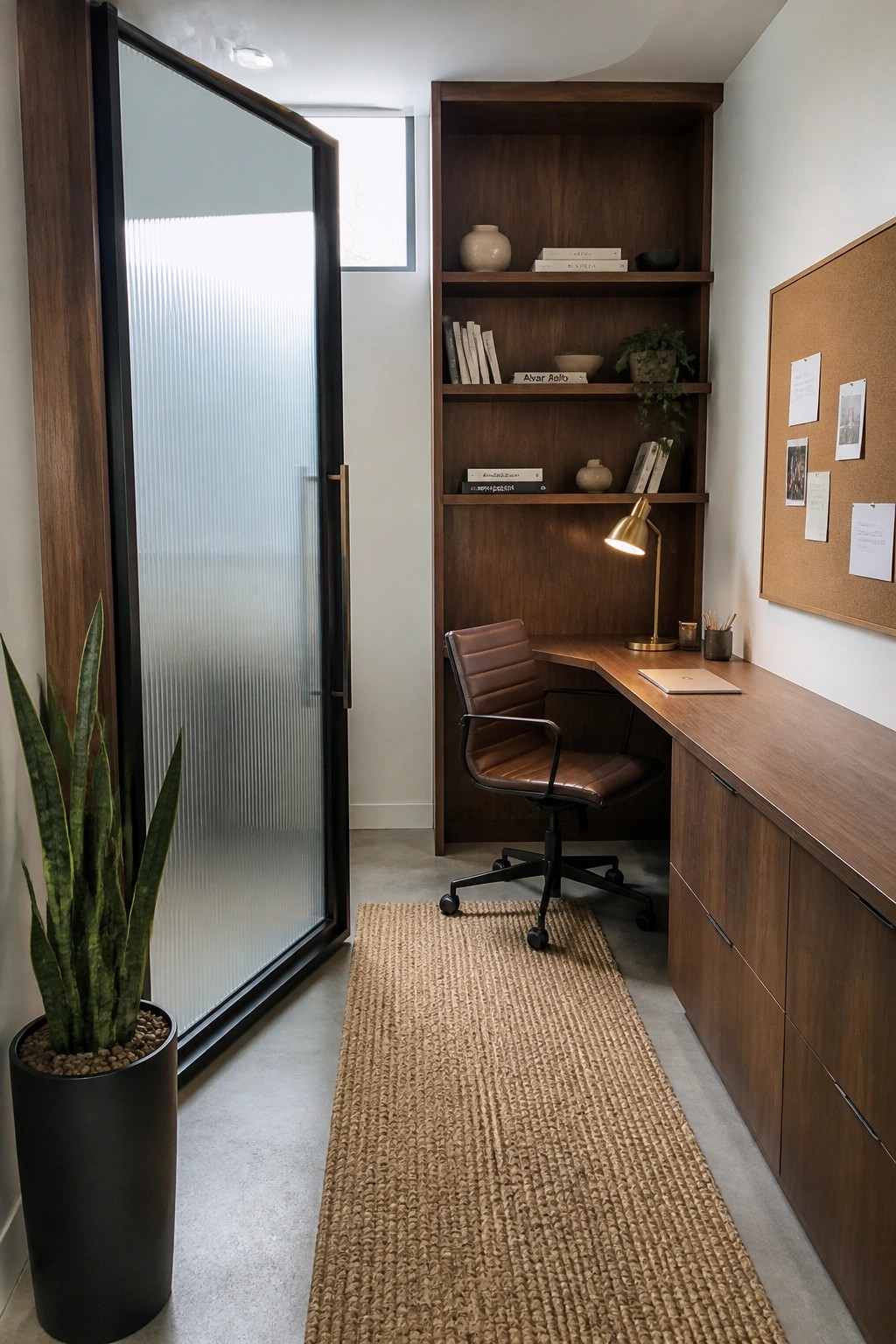 Modern wooden office nook with leather chair, built-in shelves, jute rug, and snake plant