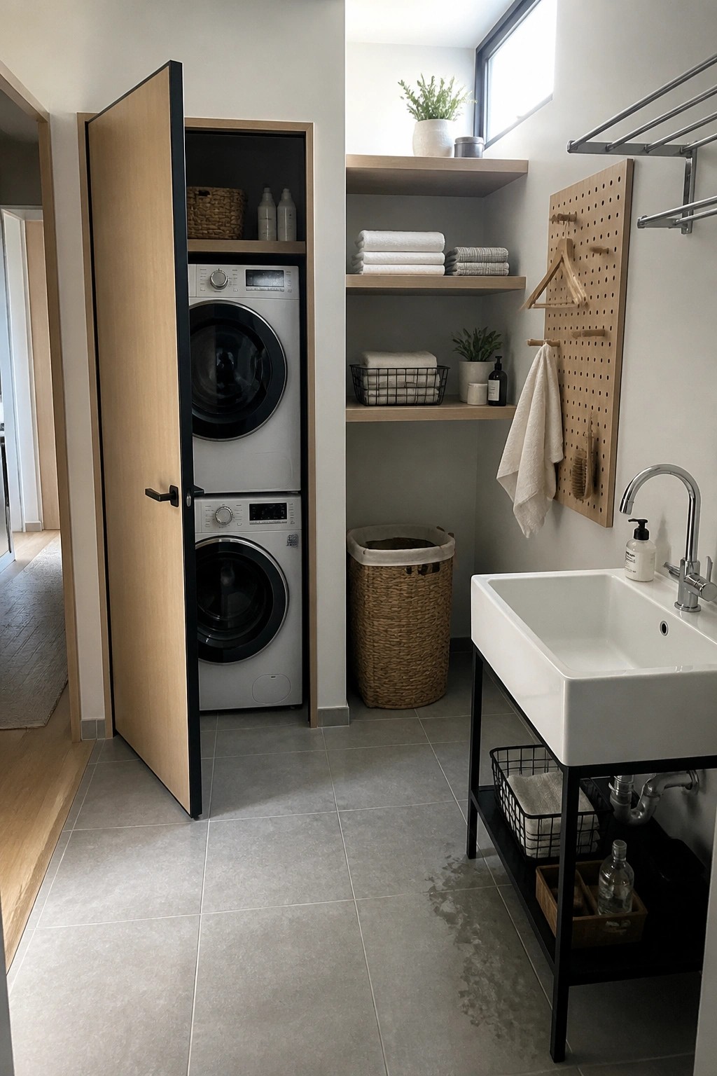 Stacked washer and dryer in open cabinet with towel shelves and white sink