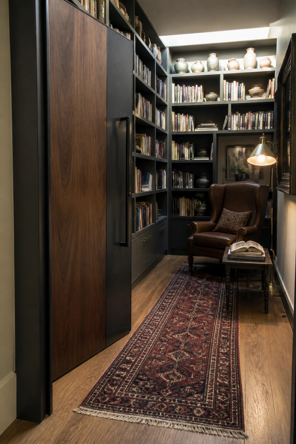 Cozy narrow library with leather armchair, bookshelves, red rug, and lit floor lamp