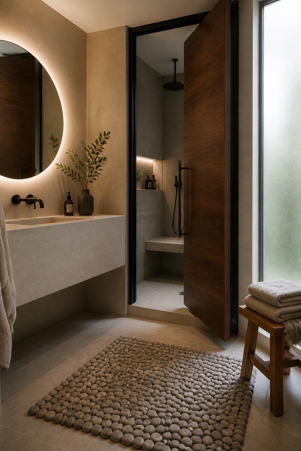 Bathroom interior with a wooden pivot door framed in black metal, shown open to reveal a tiled shower, concrete sink vanity, round backlit mirror, and pebble rug on the floor.