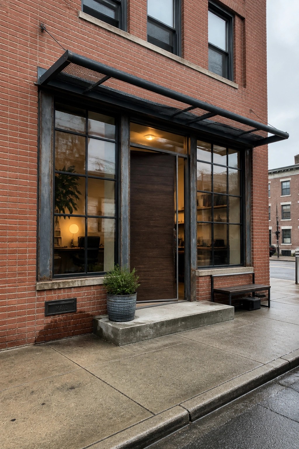 Exterior view of a red brick building with a large dark wood pivot door set in black metal framing, flanked by tall grid windows and topped by a metal awning.