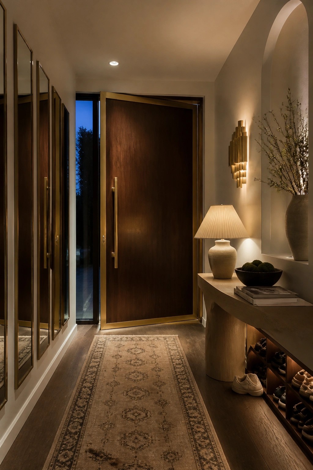 A dark wood pivot door with brass frame and handle stands open in a narrow interior hallway with a patterned rug, wall sconce, and shoe storage console.