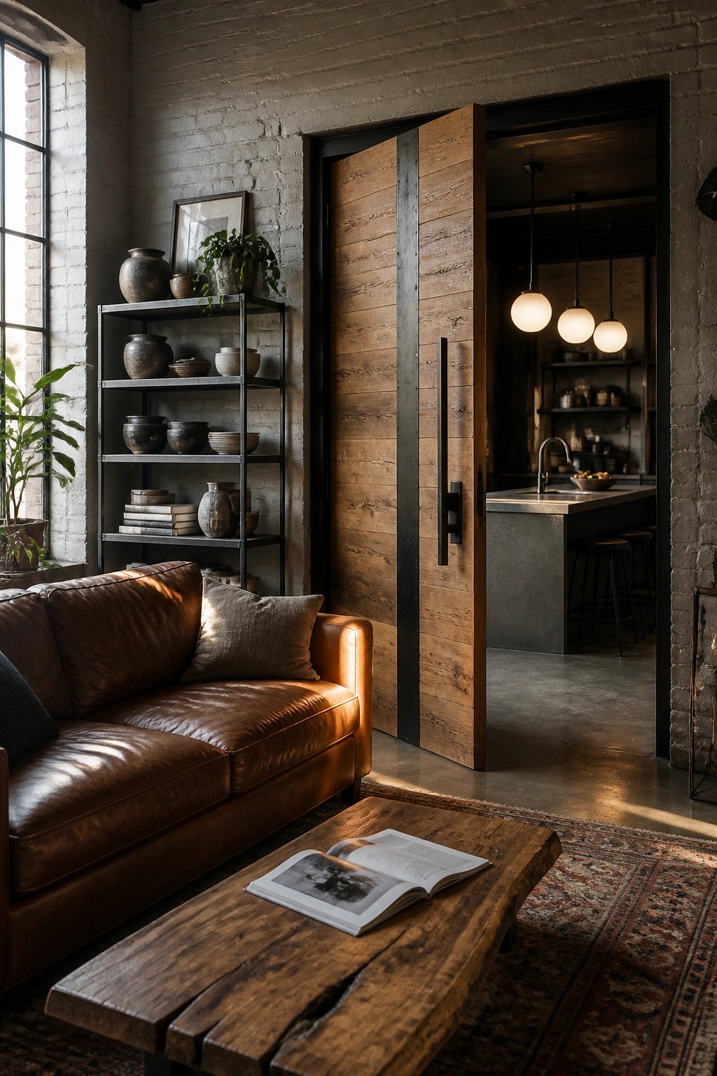 A large wooden pivot door with black metal frame and handle stands open between a living room with a brown leather sofa and a kitchen with concrete counters and pendant lights.