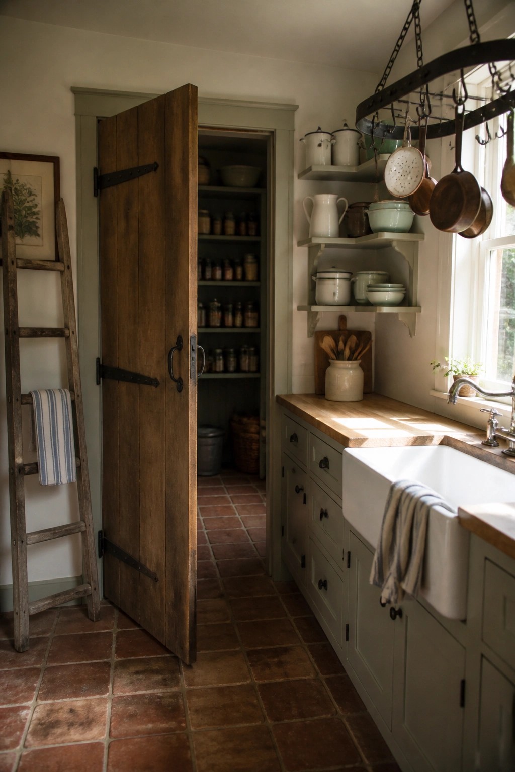 Rustic kitchen with open wooden pantry door, white farmhouse sink, and terracotta tiles.