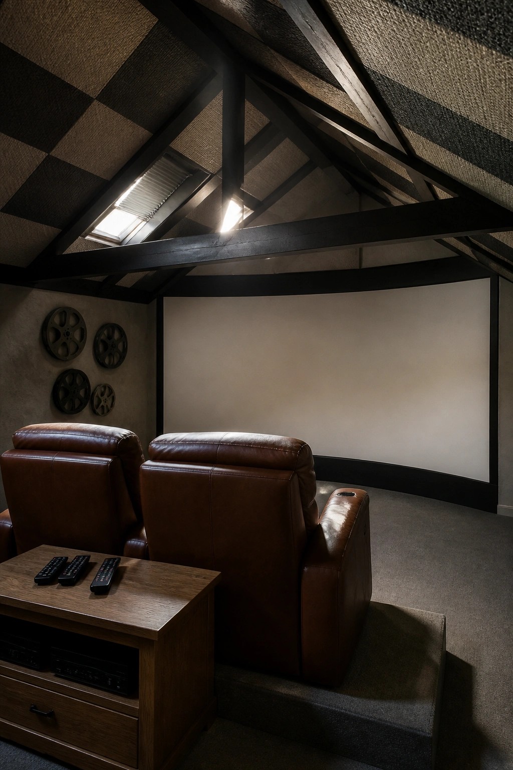 Two brown leather recliners sit on a raised platform facing a large curved screen wall in a home theater with exposed wooden beams and a wooden side table holding three remote controls.