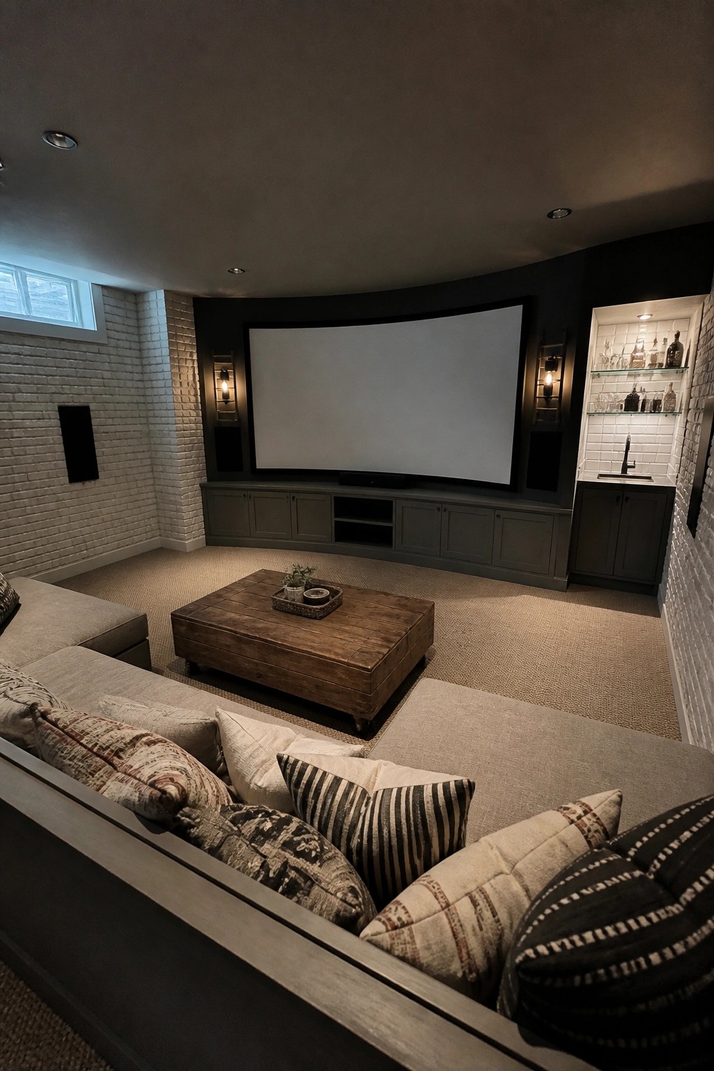 Modern home theater with large screen, beige sectional sofa, wooden table, and bar nook