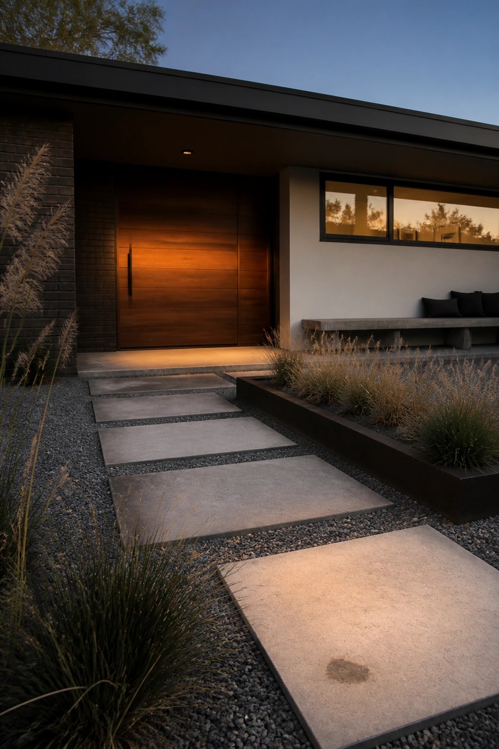 A modern house exterior at dusk featuring a horizontally paneled walnut front door with warm overhead lighting, concrete stepping stones on gravel, and a long window to the right.