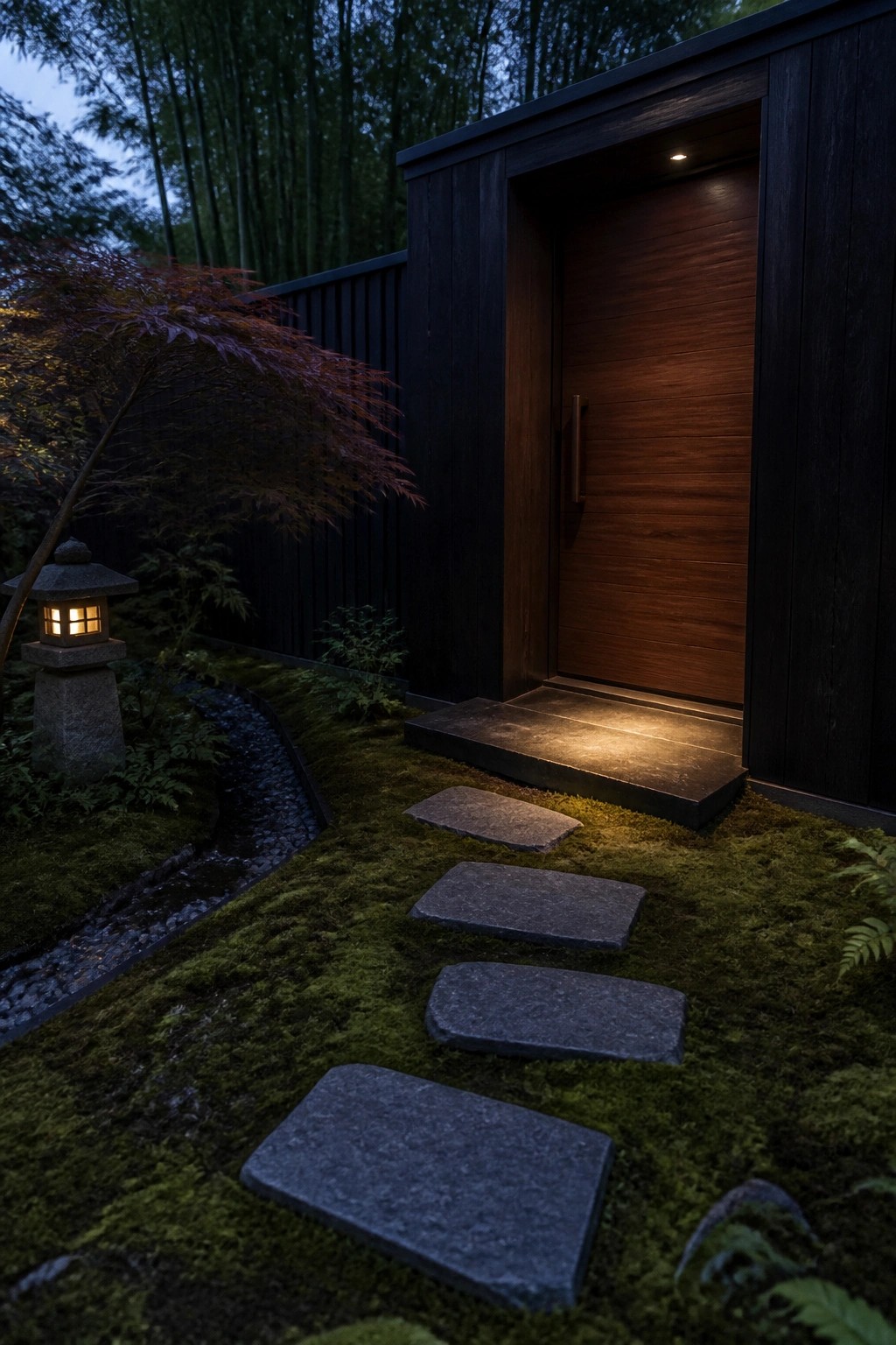 Modern wooden door with lit stone lantern, mossy path, and bamboo forest at night.
