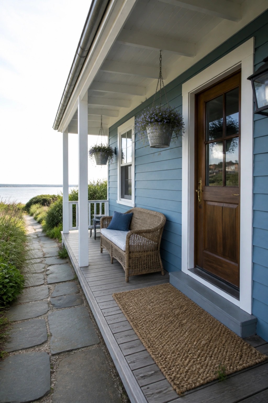 A blue house with white trim features a walnut wood front door on a covered porch with a wicker bench and hanging plants.