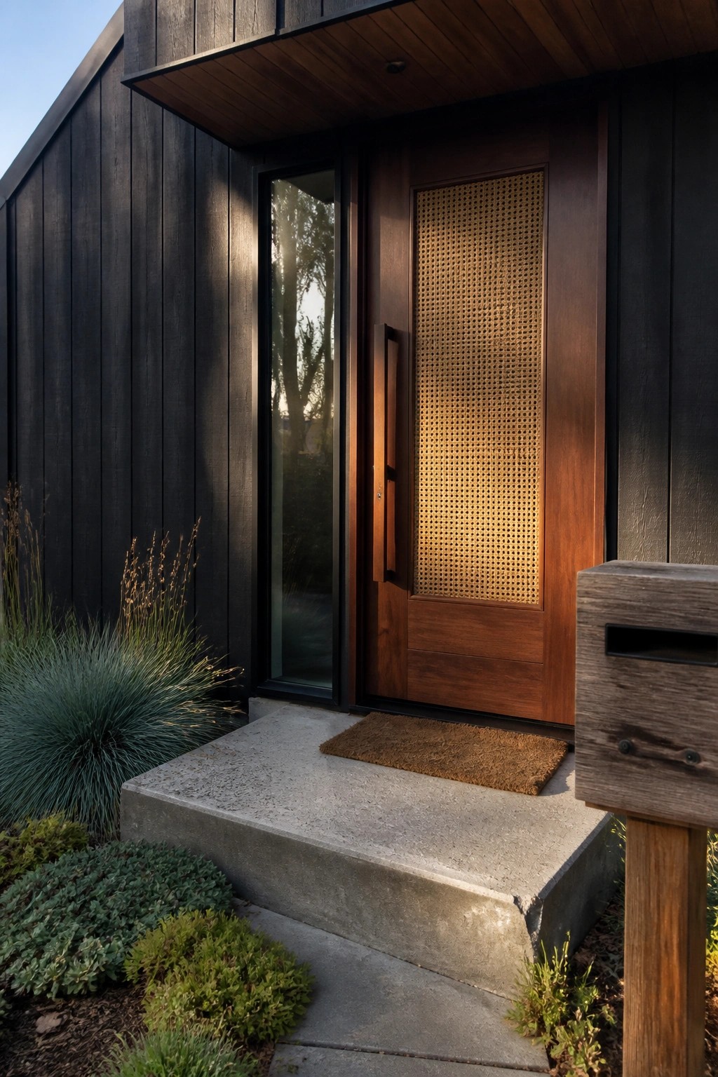 A dark walnut front door with a large woven cane panel, positioned next to a glass sidelight on a concrete step with a doormat.