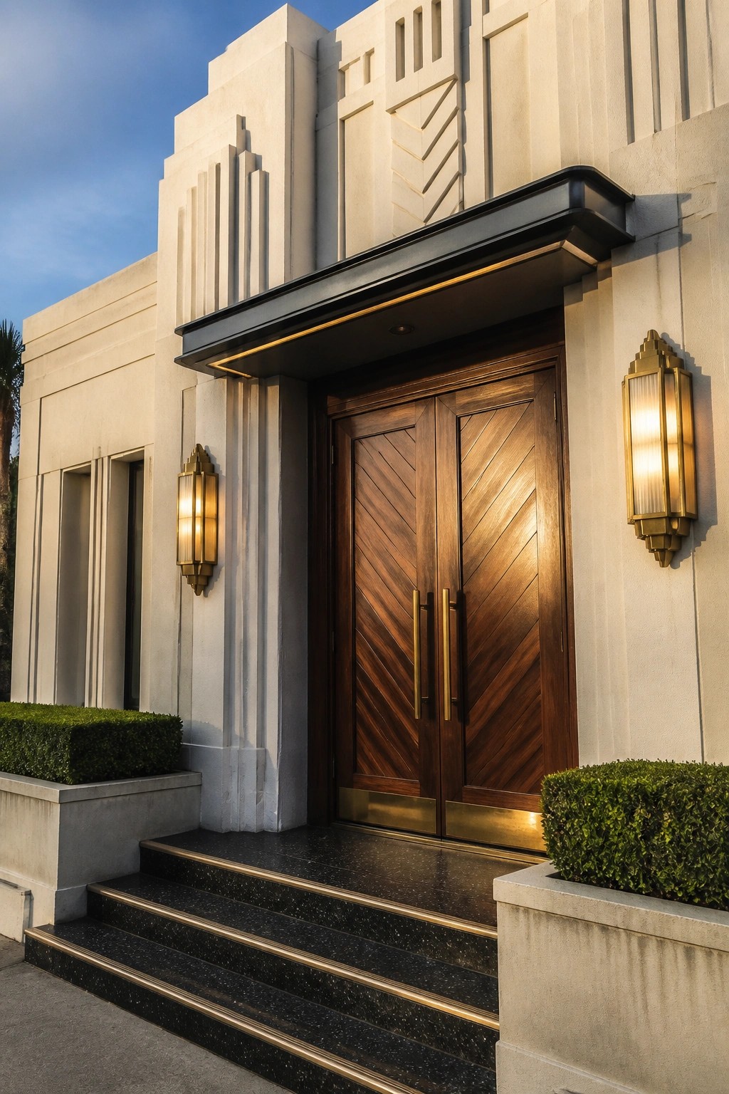 Double walnut front doors with chevron grain pattern, brass handles, and wall sconces on a light stone building facade with black stone steps.
