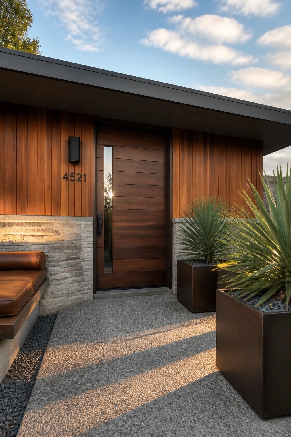 A modern house entrance with a dark walnut front door featuring a narrow vertical glass panel, set into vertical wood siding above a stone base, with a leather bench on the left and two large planters on the right.