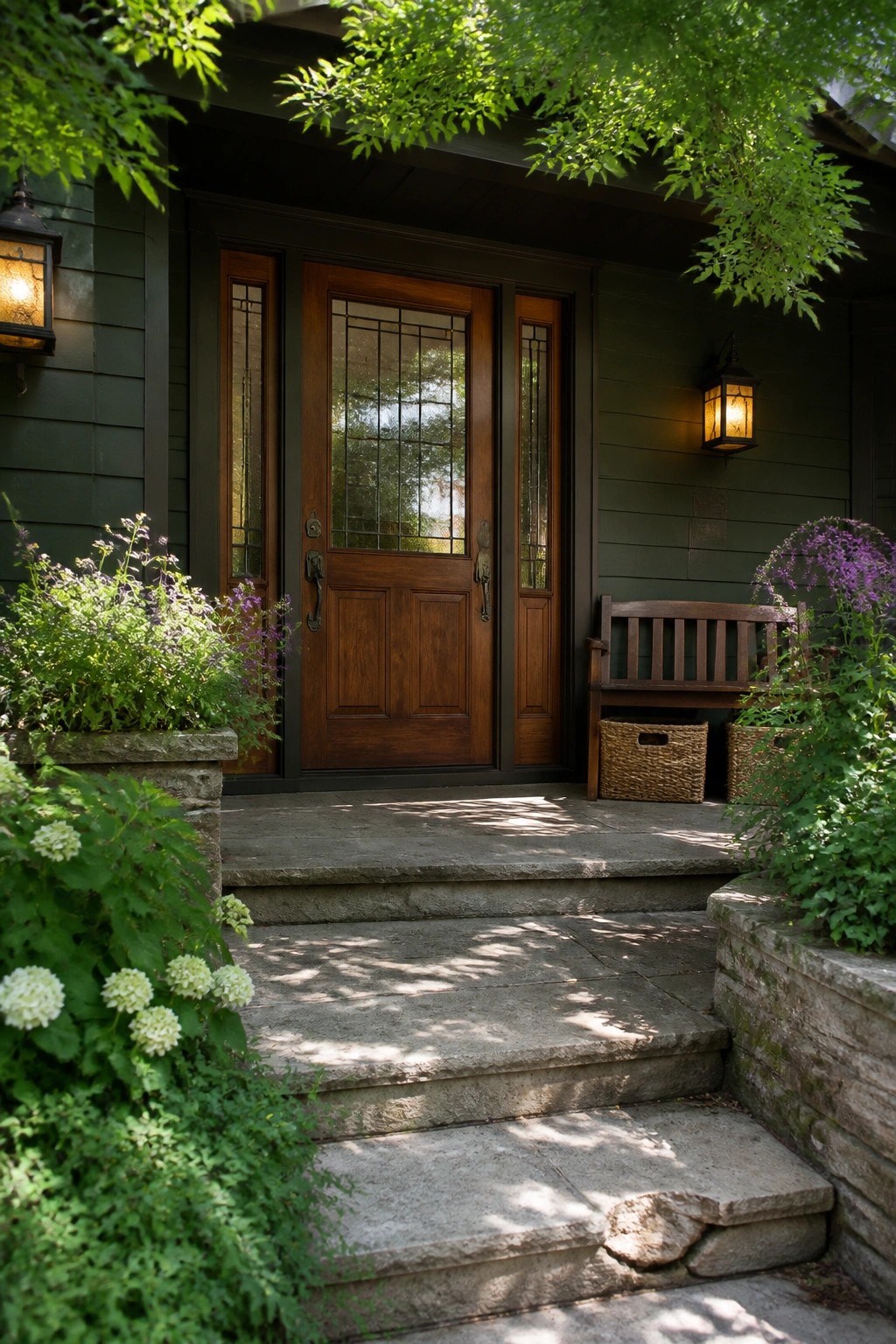 Stone steps lead to wooden door on dark green house with flowers and bench