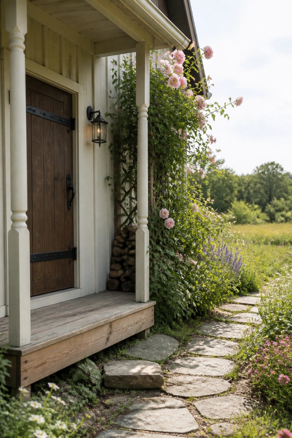Rustic wooden door on white porch with pink climbing roses and stone path