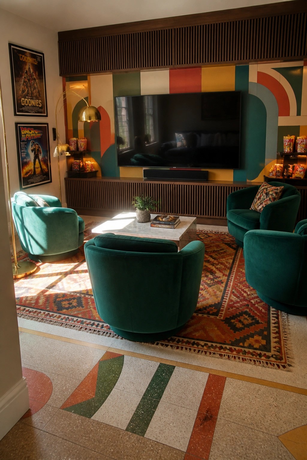 Retro lounge with teal velvet chairs, colorful geometric wall, patterned rug, and movie posters.