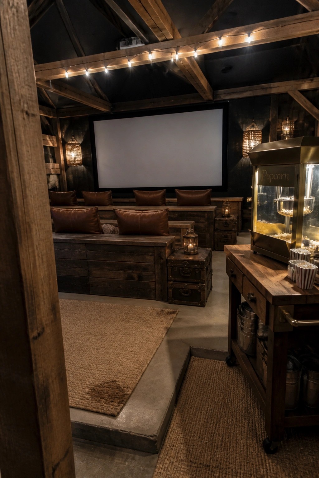 Interior view of a home cinema with wooden built-in bench seating topped with brown leather cushions, a large projection screen on the back wall, string lights on ceiling beams, and a popcorn machine on the right.
