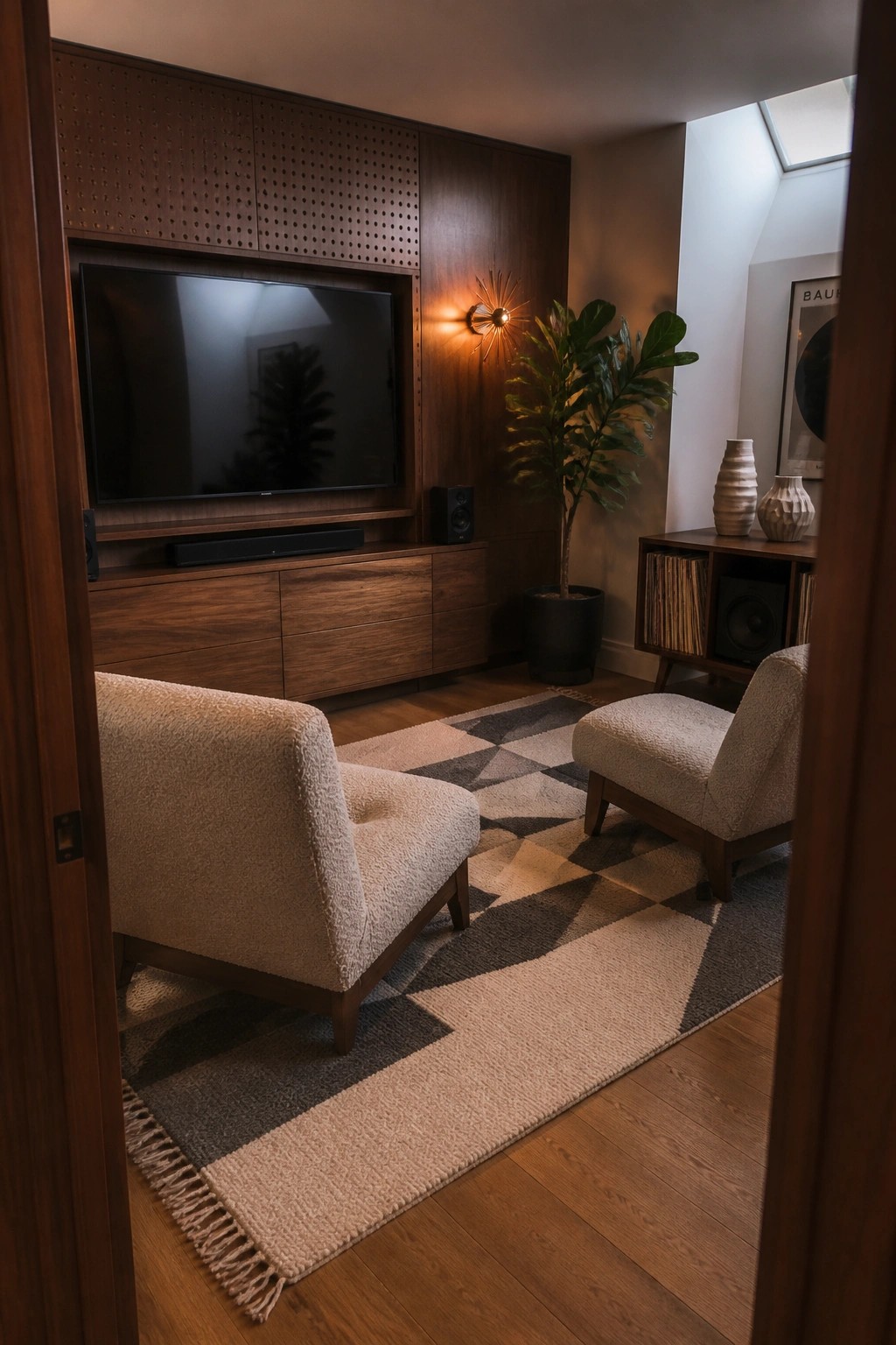 A room with a large flat-screen television mounted inside a dark wood built-in wall unit that includes a soundbar and side speakers, two light upholstered armchairs on a geometric rug, and a tall potted plant near the seating.