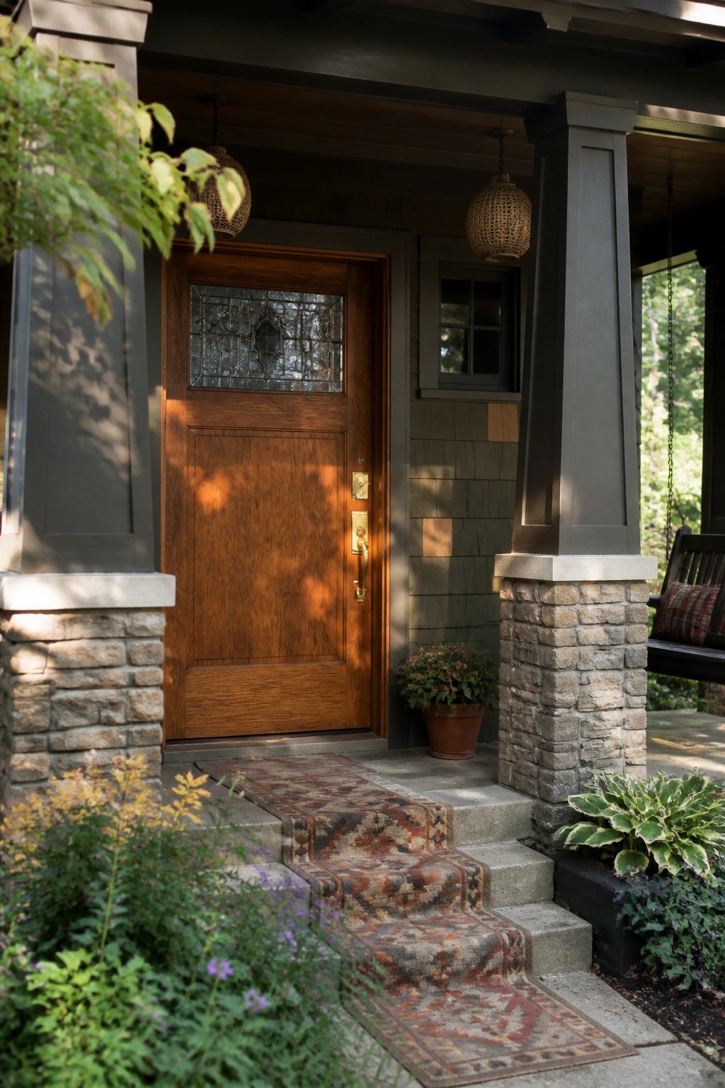 A wooden front door with brass hardware set in a dark frame on a house porch with stone columns and concrete steps.