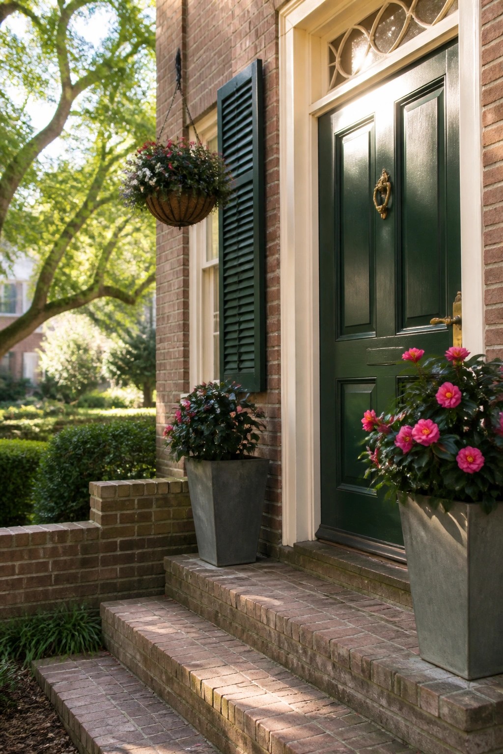 A dark green oversized front door with brass hardware on a brick house, with two gray planters holding pink flowers on the steps and a hanging basket nearby.