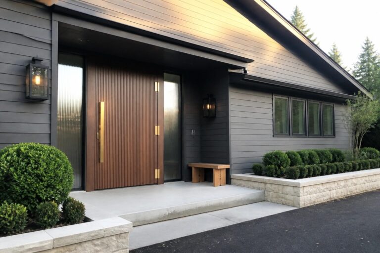A front entrance with a tall vertical-groove wood door featuring a long gold handle and brass hinges, set between fluted glass sidelights on a dark house with a concrete step and wooden bench.