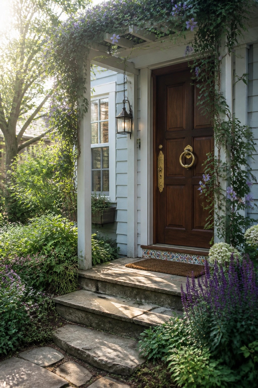 Stone steps lead to wooden door with brass knocker amid purple flowering vines.